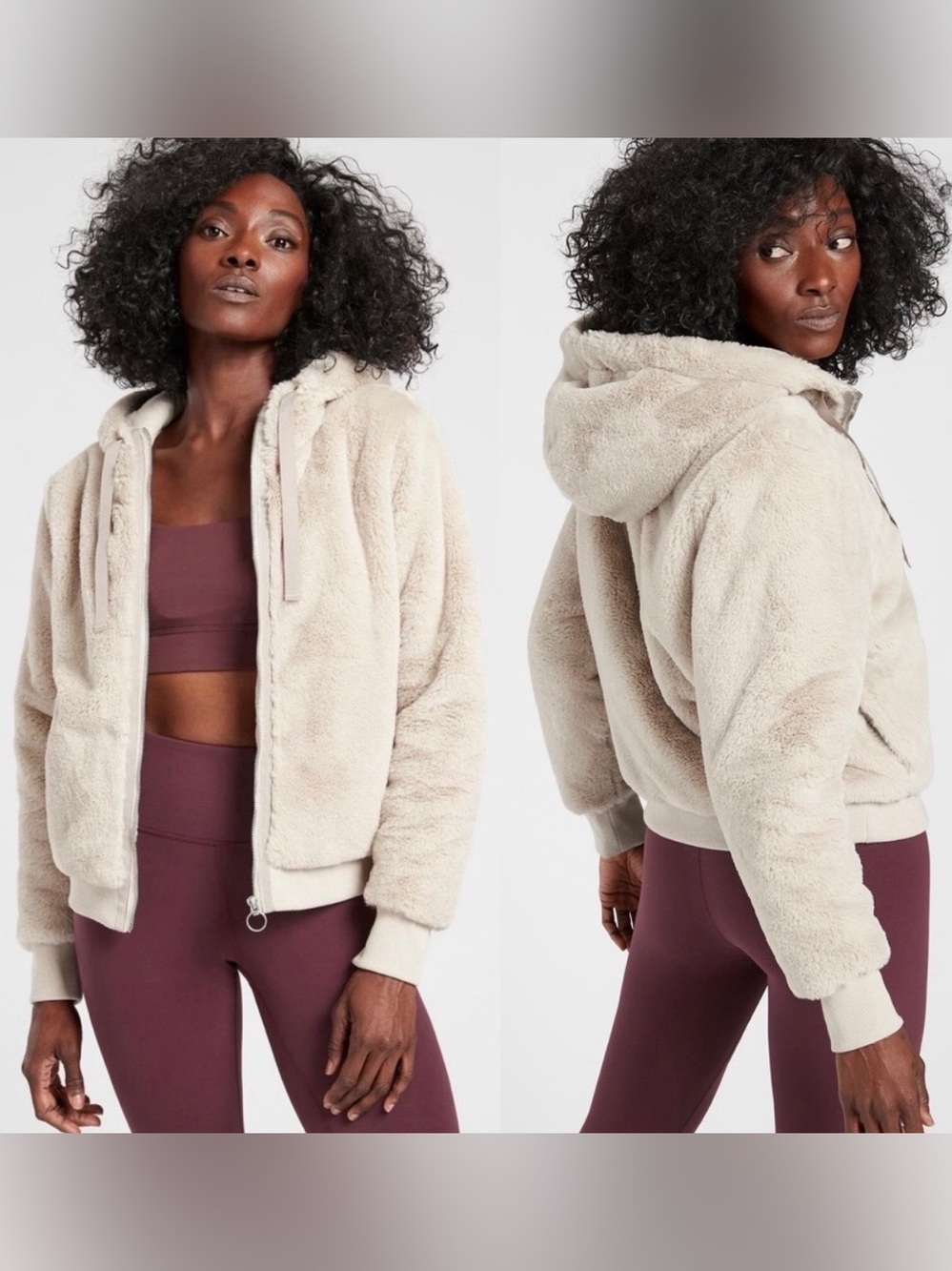 Athleta cozy faux fur front zip hooded jacket size medium
